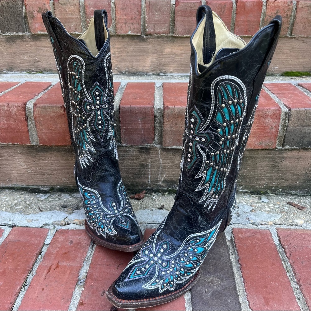 Corral Vintage Leather Black & Teal Bedazzled Angel Wing and Cross Cowboy Boots